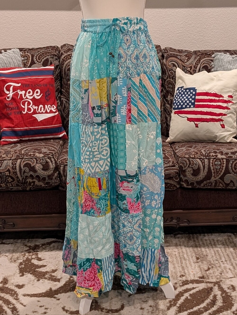 Boho Patchwork Maxi Skirt in Aqua Teal with Pink & Yellow Accents